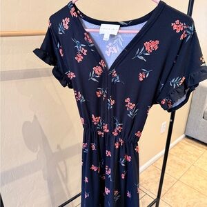 French Grey Navy Floral Midi Dress